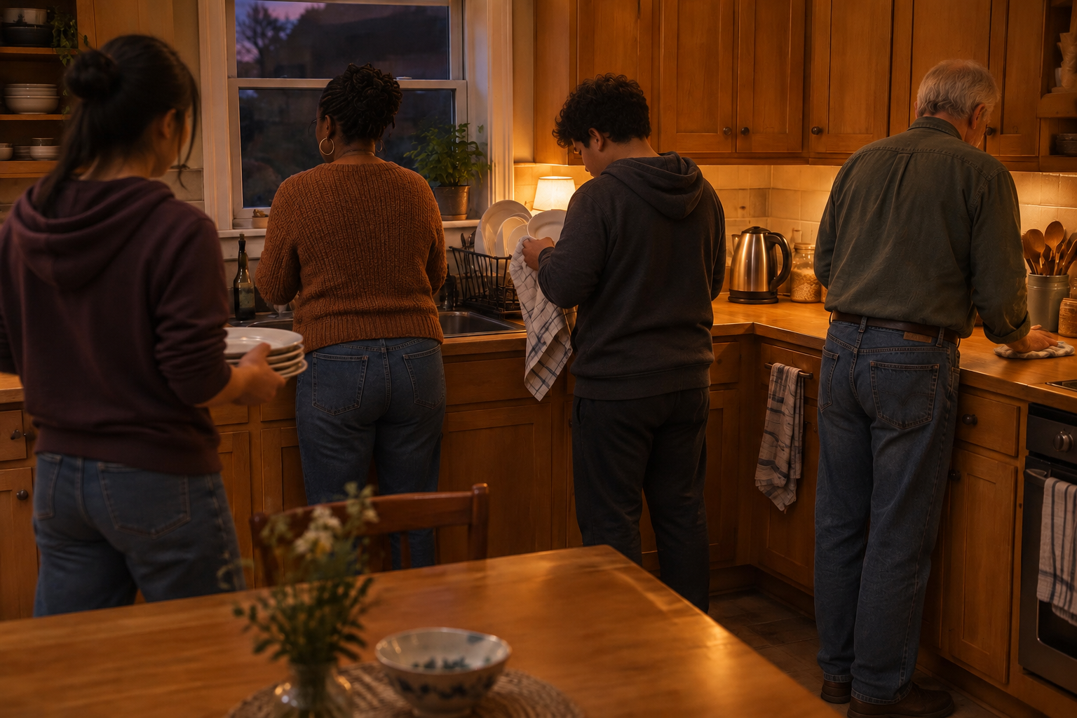 A household of different ages and backgrounds cleaning the kitchen together after a meal — one carrying plates, one at the sink, one drying dishes, one wiping the counter