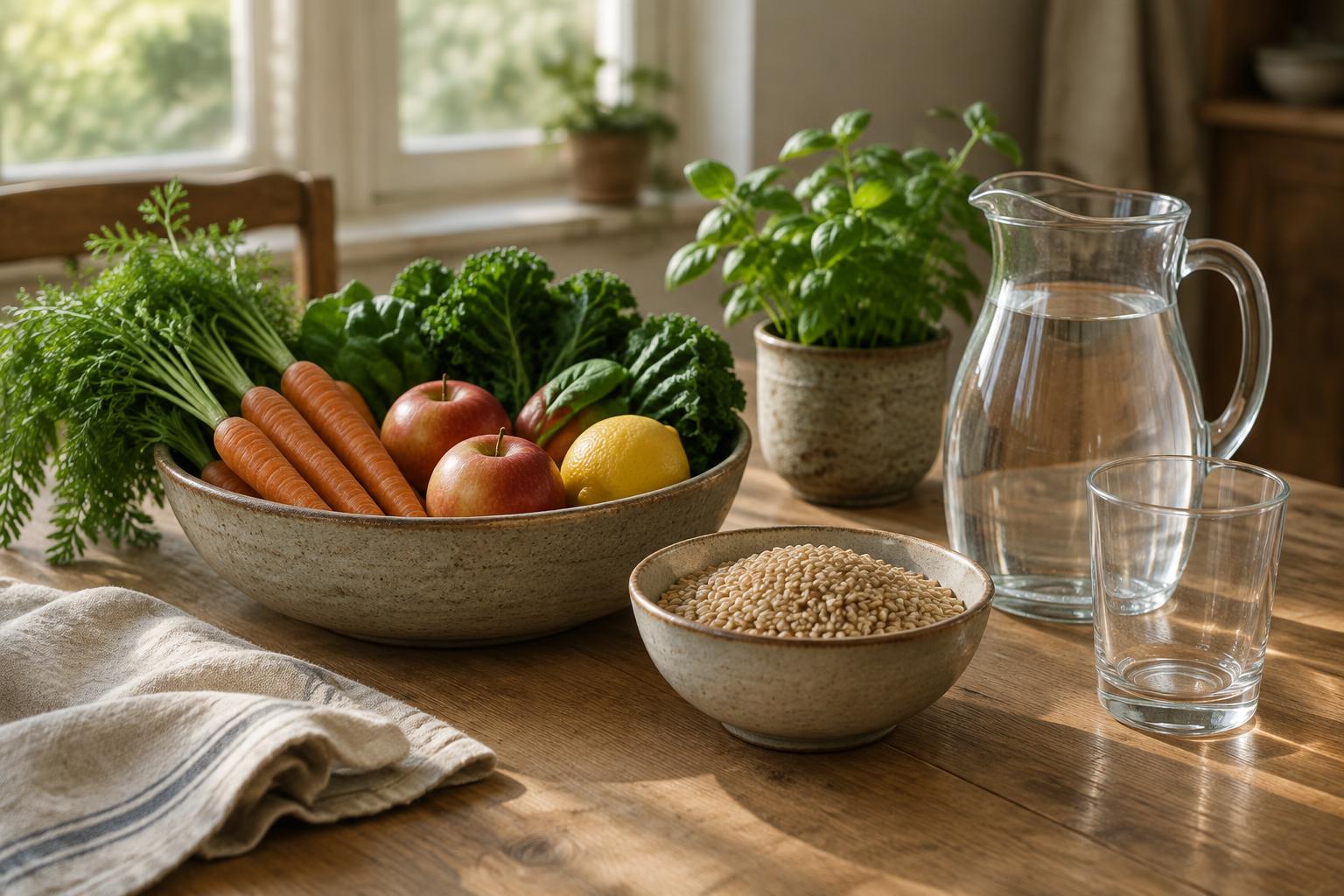 A kitchen table in morning light with a bowl of fresh vegetables and fruit, a bowl of grains, and a pitcher of water